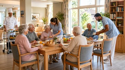 Fototapeta premium Breakfast Service and Caregiver Support in a Nursing Home Dining Room