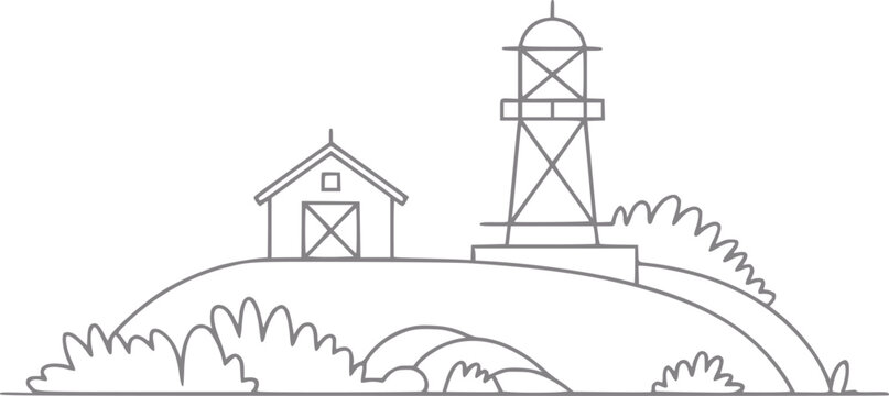 L&iacute;nea minimalista que muestra una peque&ntilde;a casa costera y un faro en un paisaje de colinas verdes