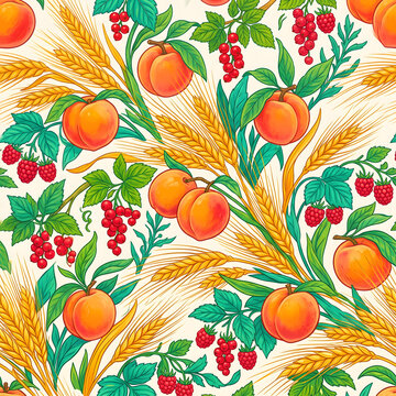 Harvest fruit and grain seamless pattern with peaches, berries, barley stalks, and leaves
