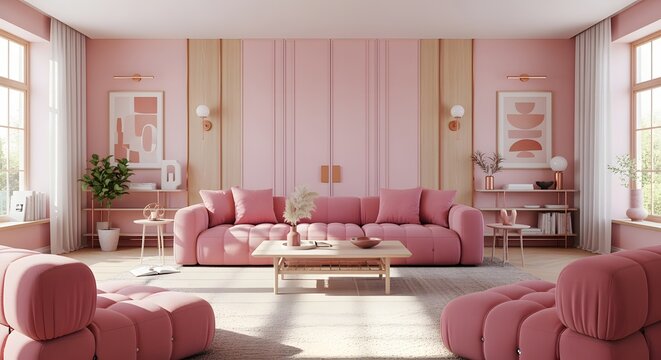 Modern pink living room interior design with plush sofa interior furniture comfortable apartment