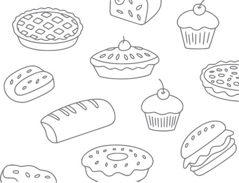 Un patr&oacute;n sin costuras de panader&iacute;a dibujada a mano que incluye cupcakes, tartas, donas y pan para p&aacute;ginas para colorear