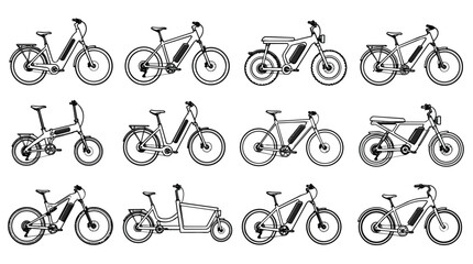 Obraz premium Electric Bicycles Icons Collection. Various Modern E-Bike Vector Illustrations.