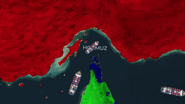 Animated map zooming into the Strait of Hormuz showing cargo ship traffic