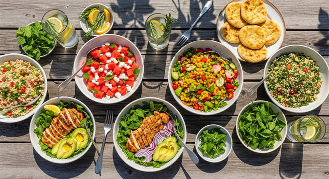 Summer garden party food spread on wooden table, healthy mediterranean lunch with grilled chicken and fresh salads, outdoor dining feast