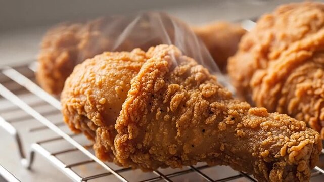 Freshly fried crispy chicken pieces resting on a metal cooling rack