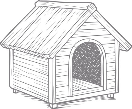 Dibujo simple a mano de una caseta de madera para perros aislada sobre un fondo blanco para proyectos de cuidado de mascotas
