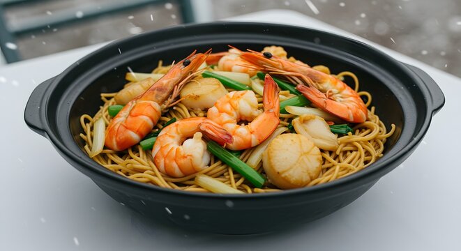 Seafood stir-fry noodles with jumbo prawns and scallops clay pot scallops restaurant delicious