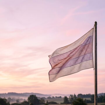 Progress pride flag waving in soft sunrise light over rural landscape at dawn