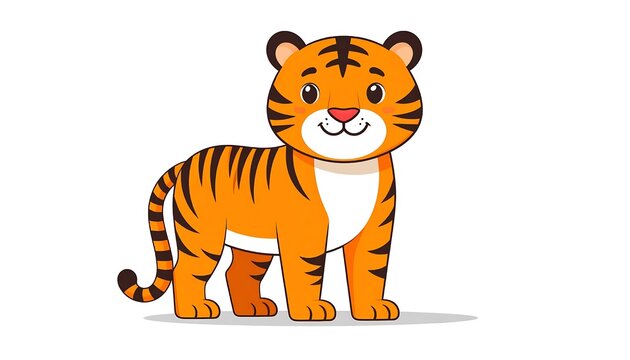 Happy cartoon tiger sitting on hind legs.