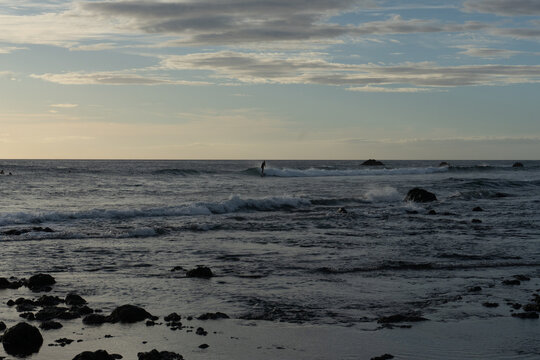 Lone surfer catches a small wave at dusk