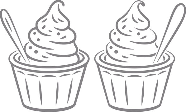 Una l&iacute;nea simple de dos tazas de helado suave con cucharas, aisladas sobre un fondo blanco