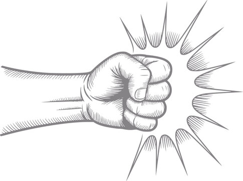 Dibujo estilizado a mano de un pu&ntilde;o potente golpeando con l&iacute;neas de impacto que representan fuerza y acci&oacute;n
