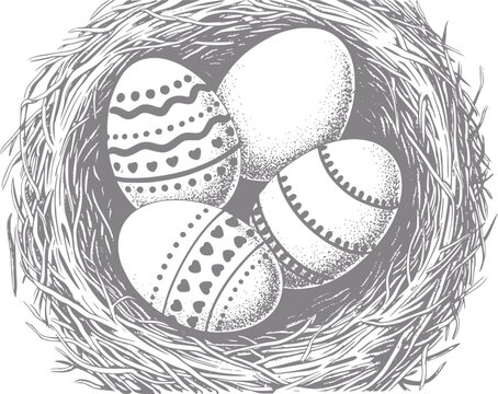 Dibujo a mano estilo vintage de huevos de pascua decorados anidados dentro de un nido de p&aacute;jaro tejido sobre blanco