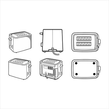 Modern Kitchen Toaster Outline Vector Illustration Set