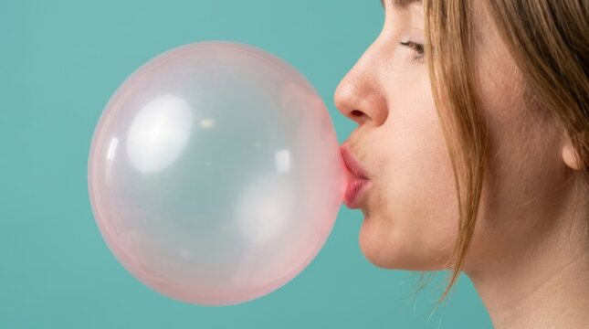 Young woman blowing a big pink bubble gum bubble against a teal background. Side profile shows her playful expression as she inflates a large candy balloon during a fun and creative studio session