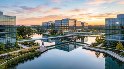 Obraz premium modern office building in city for business corporate with bridge on water