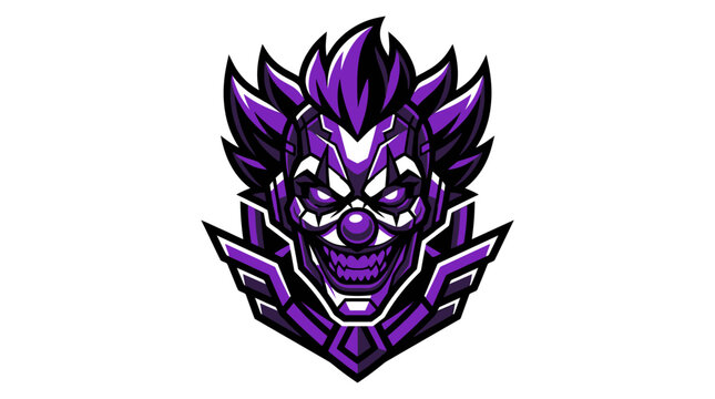 Purple robotic clown mascot logo design for esports gaming team.