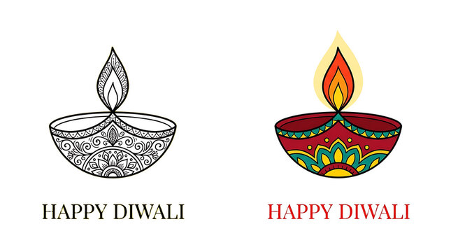 Happy Diwali oil lamp illustrations, traditional Indian diya with flame, decorative mandala pattern diya set for festival of lights