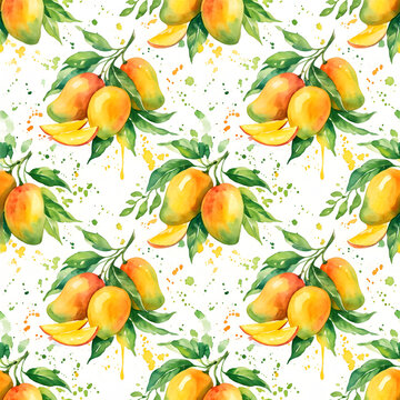Tropical mango seamless pattern with fresh mango fruit, green leaves, and floral background