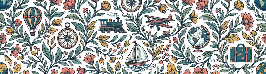 Vintage Travel Adventure Seamless Pattern with Flora © Fulan
