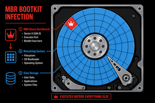 Illustration showing how MBR bootkit infections target a hard drive, highlighting the boot record's critical role.