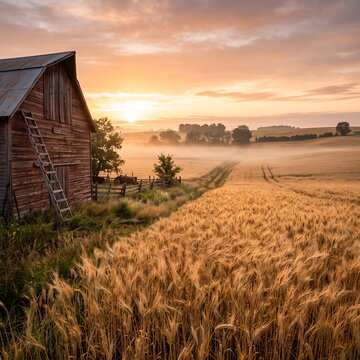 Rustic wooden barn at sunrise surrounded by golden wheat fields and morning mist
