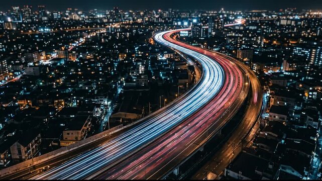 Aerial night view of highway traffic light trails curving through illuminated city buildings