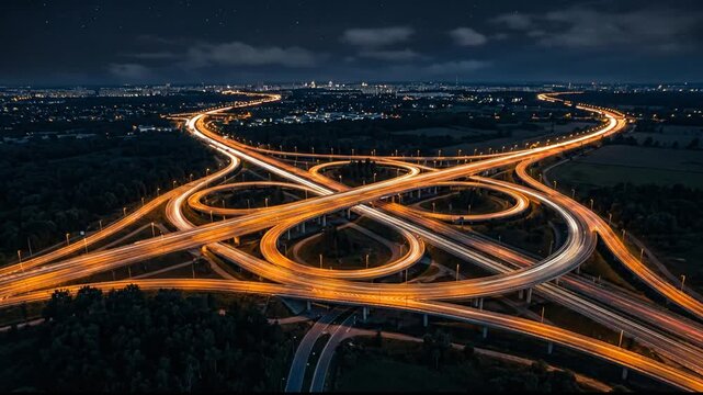 Aerial night view of illuminated highway interchange with glowing car light trails