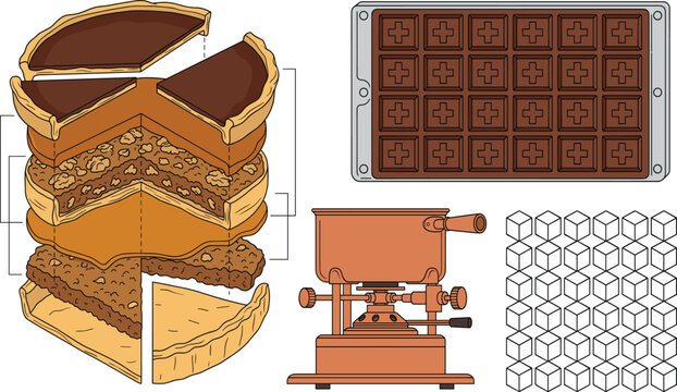 Isometric vector set of Swiss dessert pie cross section, chocolate mold, and copper fondue burner