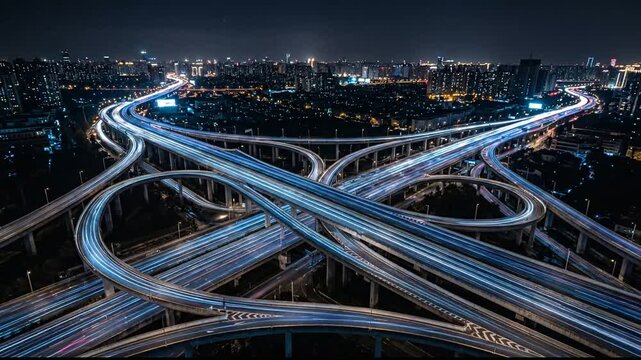 Aerial view of a busy city highway interchange at night with glowing traffic light trails