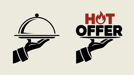 Fototapeta premium Two of hands holding platters one empty and one with the words Hot Offer and
