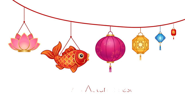 Traditional Chinese lanterns hanging on red string, colorful oriental paper lamps with fish and lotus shapes, festive lunar new year decorations