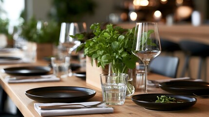 Fototapeta premium A modern dining table set for a meal with black plates wine glasses and fresh green herbs arranged on a wooden surface
