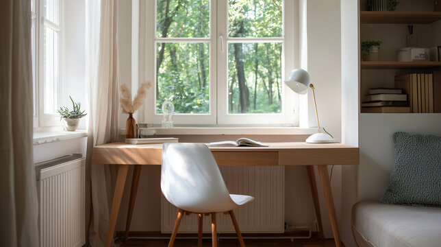 Cozy sunlit home office with light wood desk, white chair, open book and dried grass vase by window