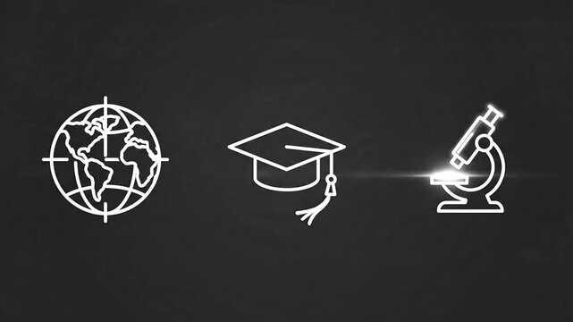 Animated white line icons of a globe, graduation cap, and microscope drawing on a dark blackboard for global education concepts.
