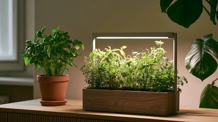 Fototapeta premium A wooden planter box with lush green herbs under an LED grow light sits beside a potted plant on a wooden surface