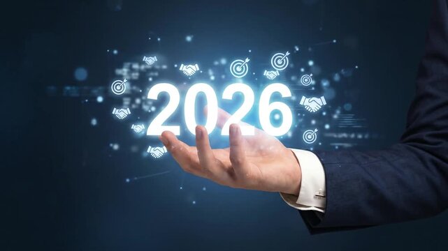 Businessman holding glowing 2026 text with futuristic business icons in the air