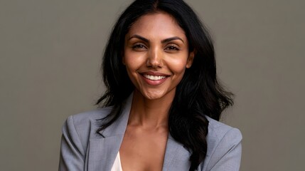 Obraz premium A confident woman smiles warmly while wearing a gray blazer against a plain neutral background