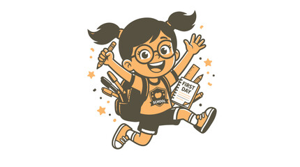 Fototapeta premium Happy young student girl jumping with school backpack and stationery supplies.