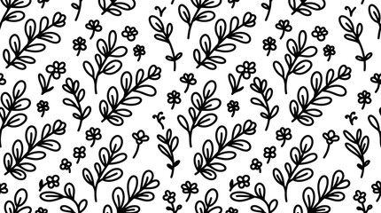 Fototapeta premium Hand Drawn Floral Seamless Pattern with Leaves and Small Flowers.
