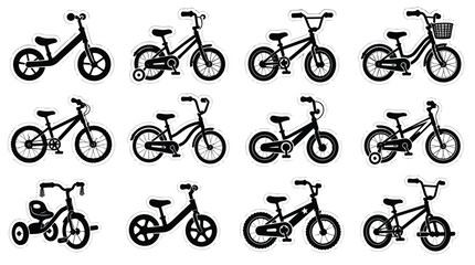 Obraz premium Diverse Children's Bicycles Black Silhouette Vector Sticker Set White Background