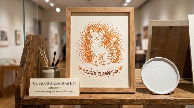 Elegant framed ginger cat illustration for Ginger Cat Appreciation Day displayed on a wooden gallery shelf with art brushes, representing artistic feline celebrations through detailed paper craft art.