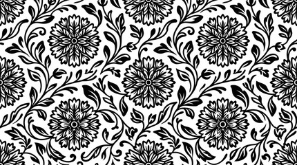Seamless monochrome floral pattern with intricate vintage botanical blossoms and swirling vines. © Pidi