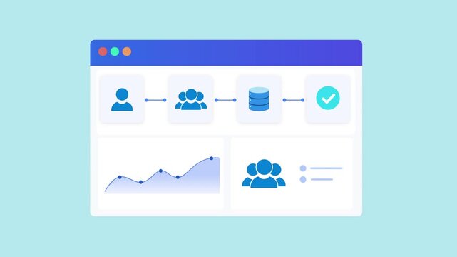 Minimal animated team collaboration dashboard interface featuring user profiles, group management, database synchronization, analytics charts, and workflow visualization. Modern motion graphic for bus