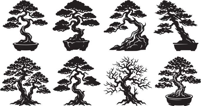 Bonsai tree silhouette collection featuring various traditional Japanese miniature plant shapes in black vector graphic style