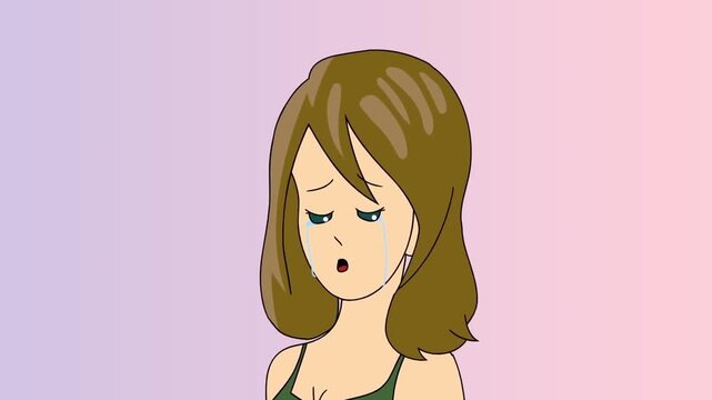 2D animation close up of a sad depressed woman looking down with eyes closed grief and mental stress concept