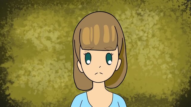 2D animation close up portrait of a young girl looking worried and anxious against a textured dark background
