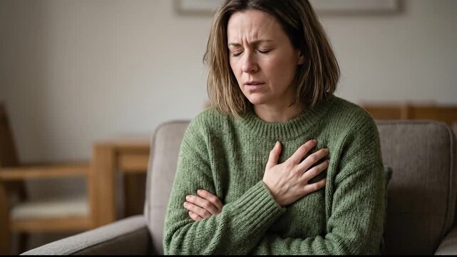 Mature woman sitting on sofa clutching her chest in pain.