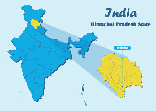 Himachal Pradesh state highlighted in yellow in Indian map with editable vector illustration. Political map showing the location of Himachal Pradesh with Shimla marked, suitable for education, travel.