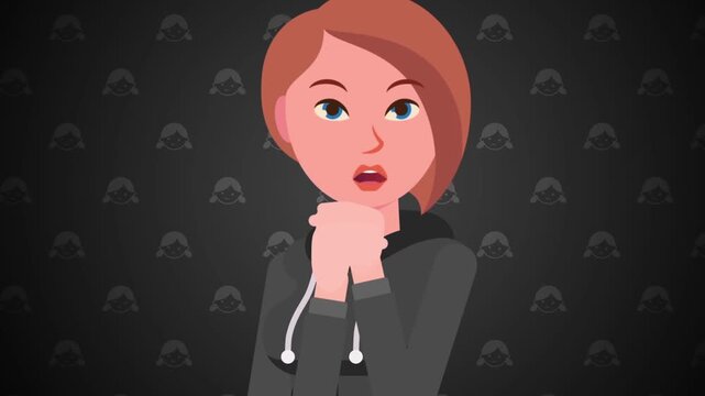 2D animation close up of a hopeful or pleading woman holding hands together in prayer or hope against dark backdrop